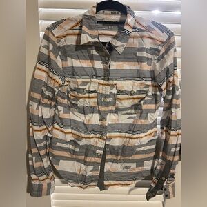 Women's Striped Button-Down Shirt - Black, White, Tan